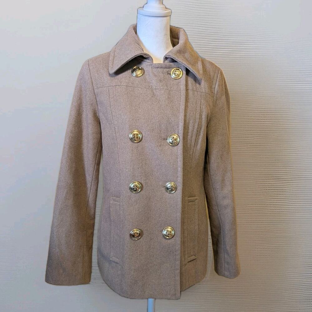 Calvin Klein Classic Style Wool Pea Coat Double Row Gold Tone Buttons Women Sz 4